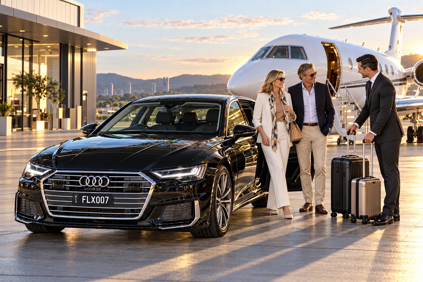 Executive Audi Sedan beside a private jet
