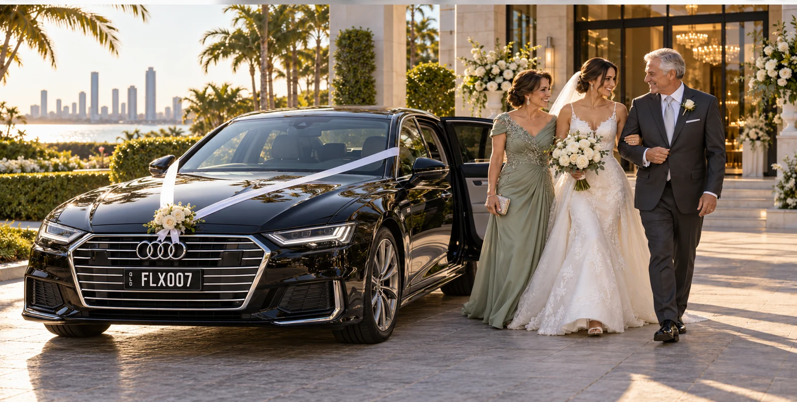 Bride and her parents arriving in the Executive Audi Sedan