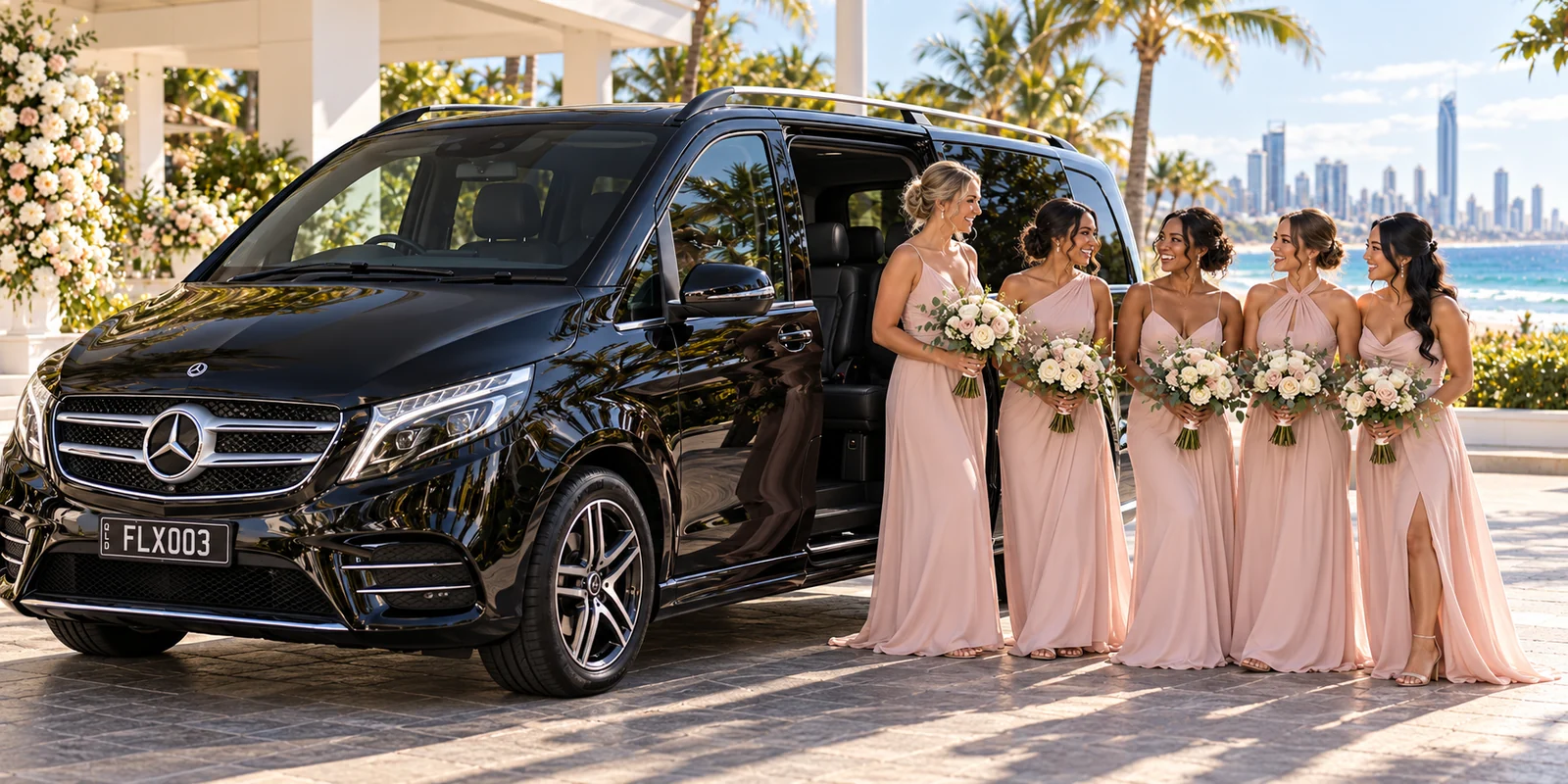 Five bridesmaids in blush pink beside a Mercedes van