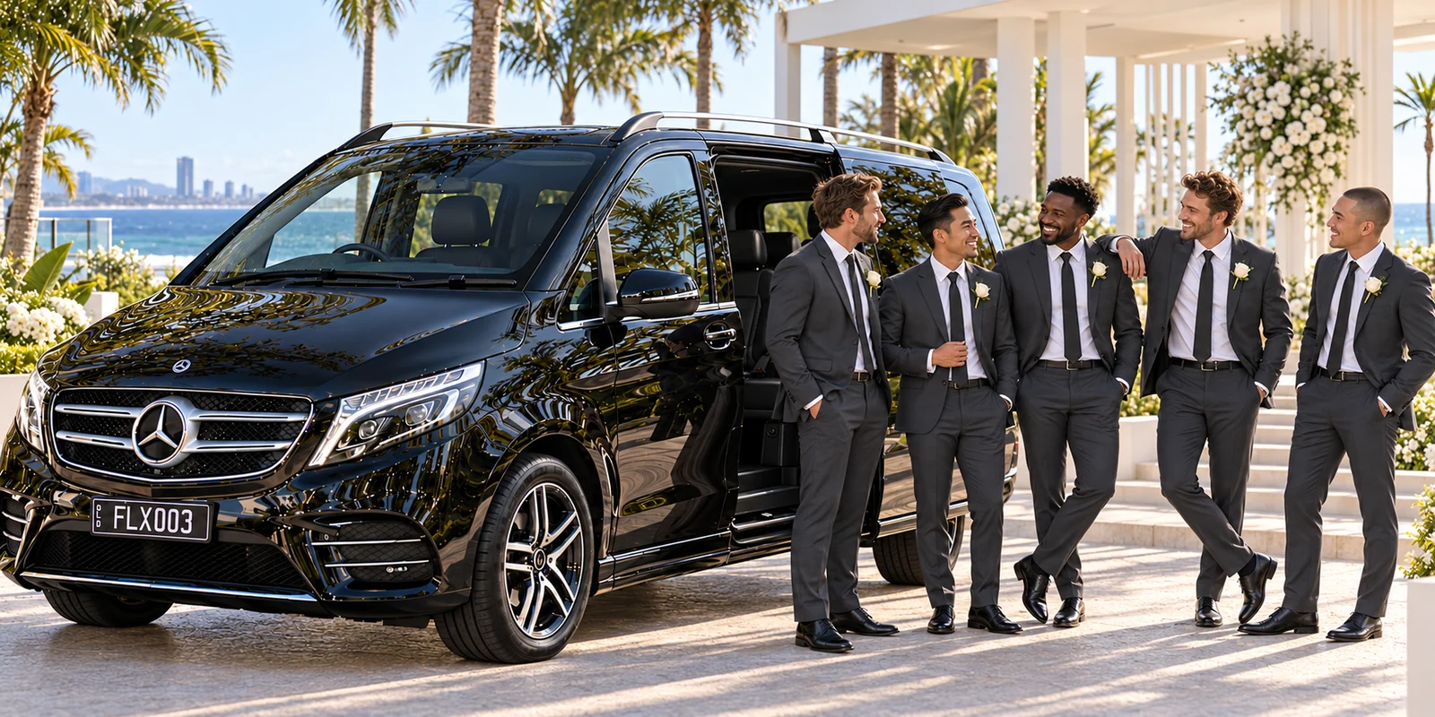 Five groomsmen in charcoal suits beside a black Mercedes van
